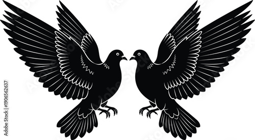 Two black pigeon silhouettes with wings spread wide facing each other in flight isolated on white background for peace love and nature design.