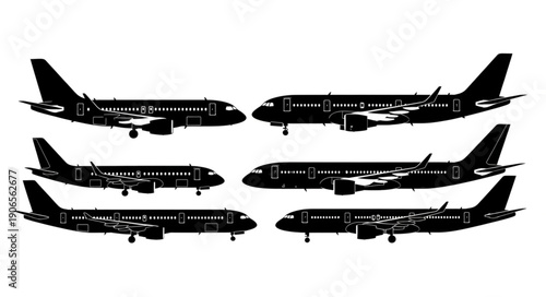 Collection of six black airplane silhouettes in different poses.