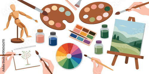 Artist Painting Tools & Supplies Vector Set  Brushes, Palettes & Easel