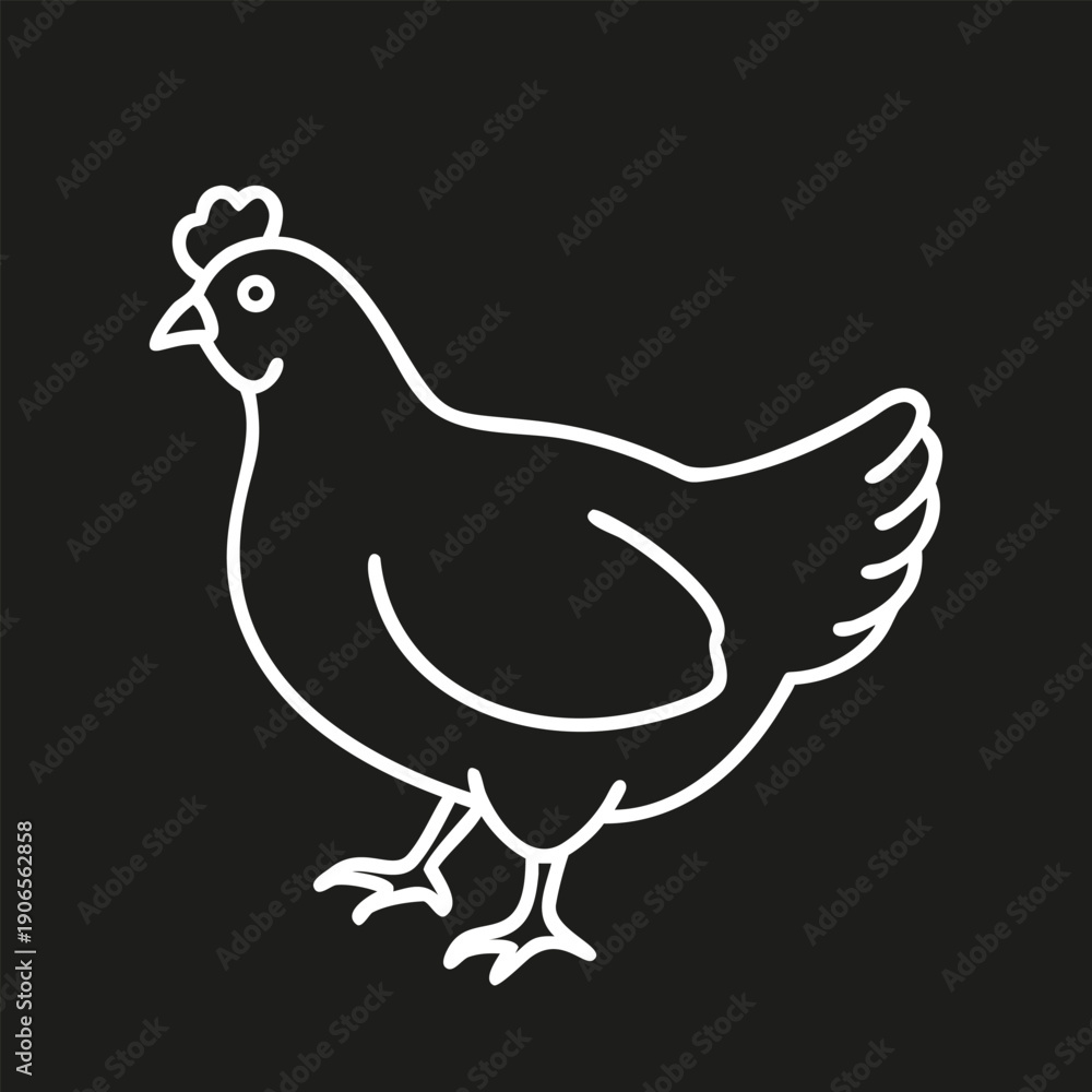 Fototapeta premium Minimal line art icon of a chicken vector illustration in clean outline style. Full-body farm hen standing in side view, white artwork isolated on black background.