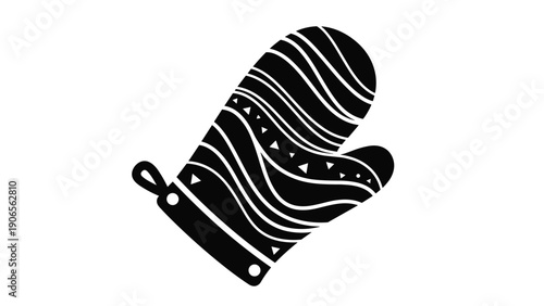 Solid black oven mitt silhouette featuring white wave patterns and decorative triangles shown in a minimalist style.