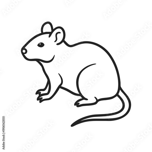 Minimal line art icon of a mouse - small rodent animal vector illustration in clean outline style. Full-body rat standing, side view, isolated on white background. Clean monochrome contour drawing.