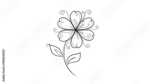 Artistic flower drawing exhibits delicate petals and swirling vine accents in a minimalist black and white line art composition.