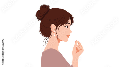 Profile portrait of a young woman with a neat bun hairstyle and elegant earrings looks forward with a gentle and calm expression.