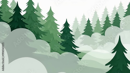 Stylized green pine forest with mist and fog illustration