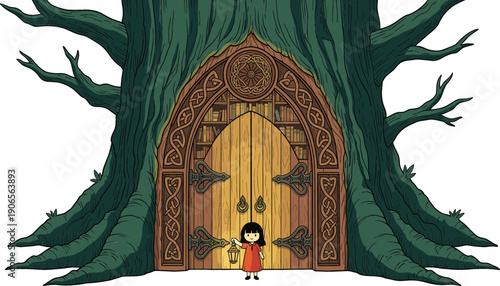 Enchanted forest tree library vector illustration featuring a little girl holding a lantern standing before a magical carved wooden door with books inside.