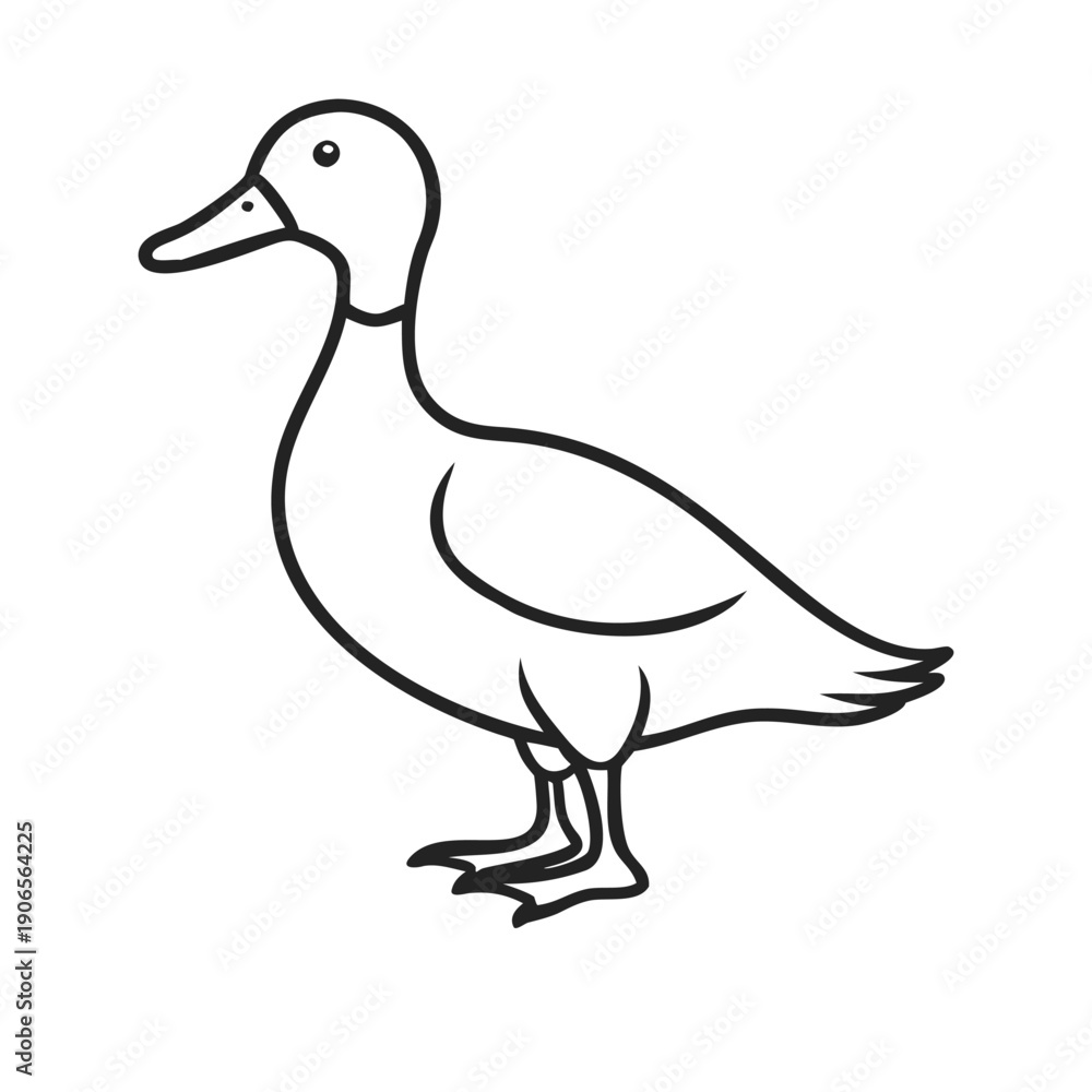 Obraz premium Minimal line art icon of a duck vector illustration in clean outline style. Full body duckling standing, side view, isolated on white background. Clean monochrome contour drawing.