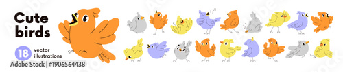 Cute birds in playful poses set. Humor, kawaii birdies with happy emotions, funny face expressions. Comic winged characters singing, flying. Kids flat vector illustration isolated on white background
