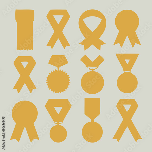 Collection of golden medals and ribbons for awards and achievements