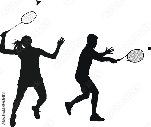 Two badminton players in action hitting a shuttlecock with rackets in a dynamic play