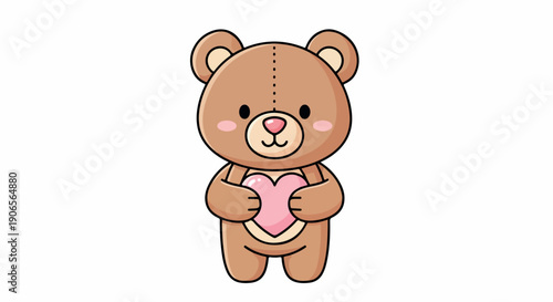 A cute brown teddy bear holding a pink heart against a clean white background with a sweet and loving mood.