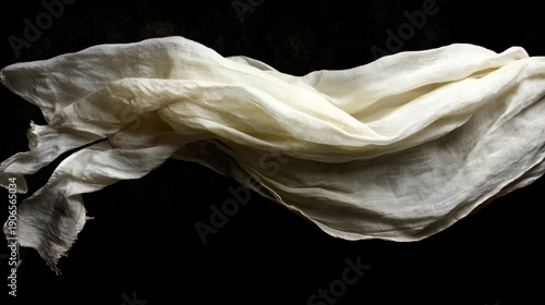 A white scarf with frayed ends.