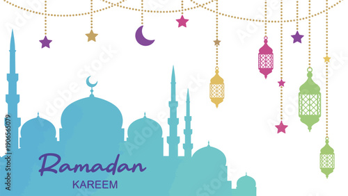 Ramadan Kareem illustration with mosque silhouette and colorful lanterns