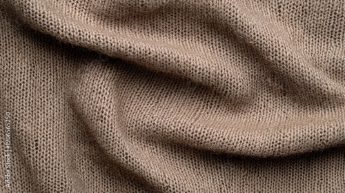 A close-up view of a knitted fabric with a light brown color and a slightly textured appearance.