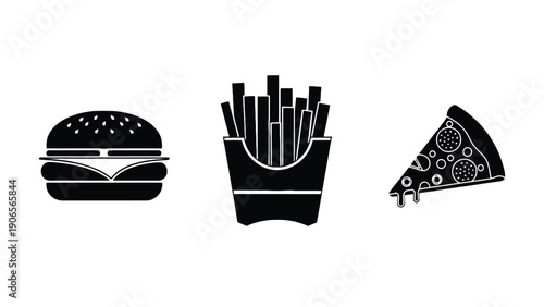Food icon set including hamburger, french fries and pizza slice vector graphics