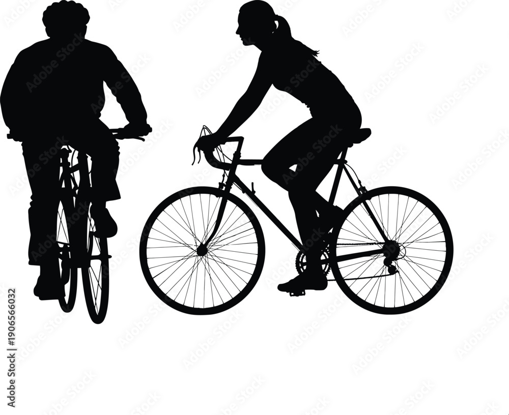 Obraz premium Two cyclists riding bicycles in silhouette against a white background