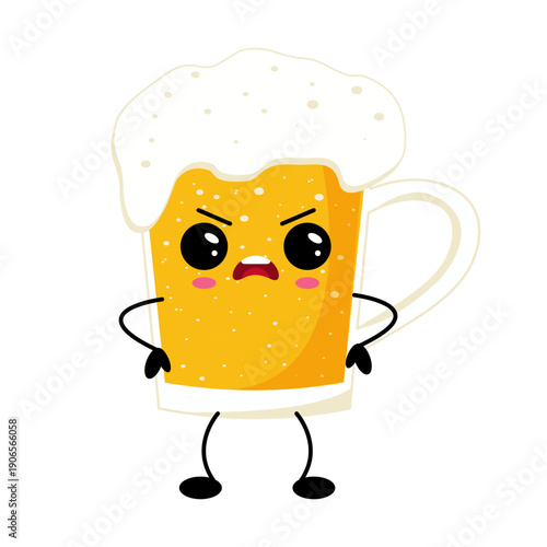 Funny angry beer mug character in kawaii cartoon style isolated on white background, playful alcohol drink mascot for bar, party and sticker design.