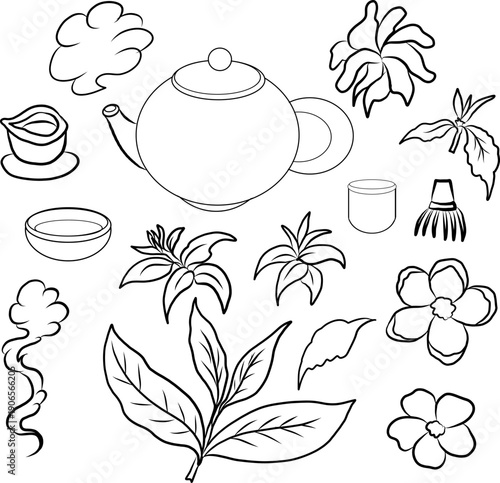 Set of Chinese tea.Hand drawning traditional chinese hot tea.Japanese culture.