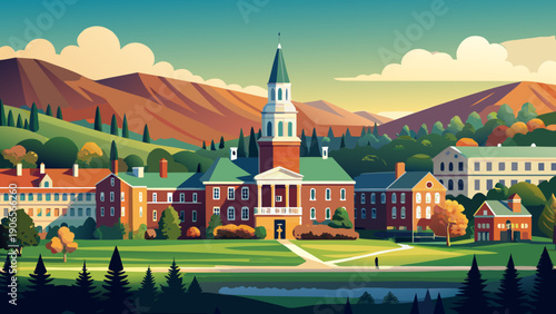Very beautiful timeless view of Dartmouth College, USA, reflecting the prestige of American higher education through classic architecture and serene surroundings.