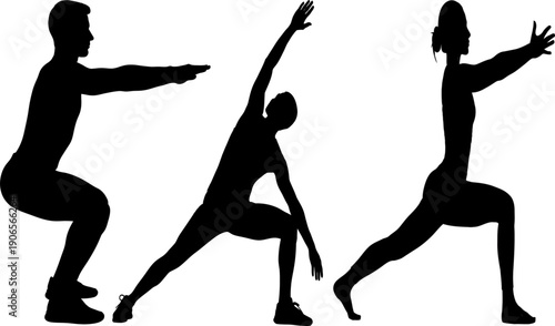 Silhouette Set of People Doing Yoga Poses and Fitness Exercises for Wellness