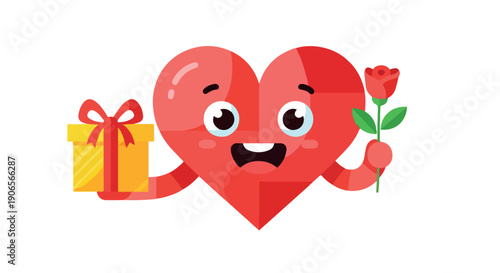 A cheerful heart emoticon character holding a gift and a rose on a white background with a playful and romantic mood.
