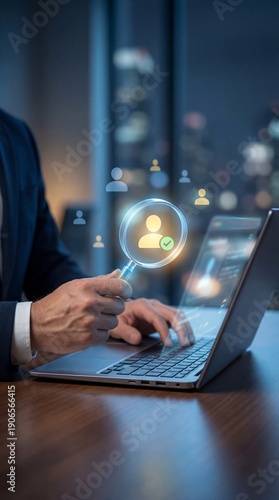 Professional Human Resources Candidate Screening Process with Digital Profile Verification and Employee Selection Concept on Modern Laptop Interface. Vertical bg