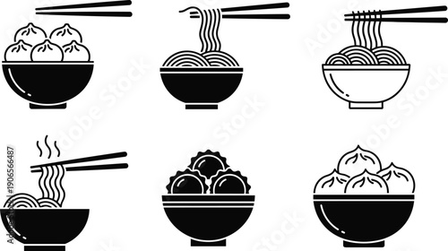 Black and white Asian food bowl icon set with dumplings and noodles using chopsticks, minimalist restaurant menu symbols and modern cuisine illustration collection