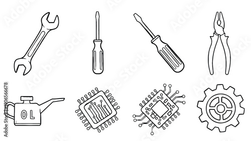 A screwdriver vector icon set including various tools and computer hardware components