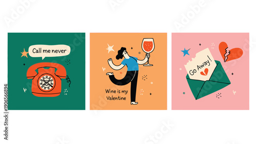 Valentine's Day cards with humorous illustrations and messages