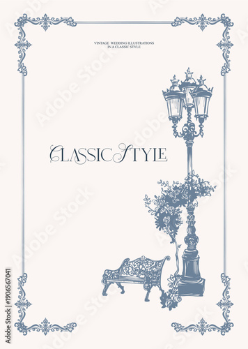 Fully editable wedding pre-made design in a vintage, classic style. Flat, line digital illustration in a hand-drawn monochrome color scheme. Vector