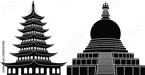 Vector illustration of traditional Asian architecture featuring iconic pagoda and stupa silhouettes, cultural heritage design for temples, meditation, and tourism.