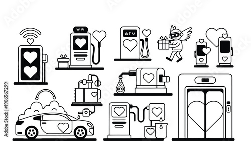 Heart shaped objects and icons in a vector illustration of a gas station