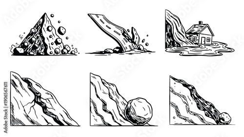 Rock vector illustrations show various geological formations and landslide scenes
