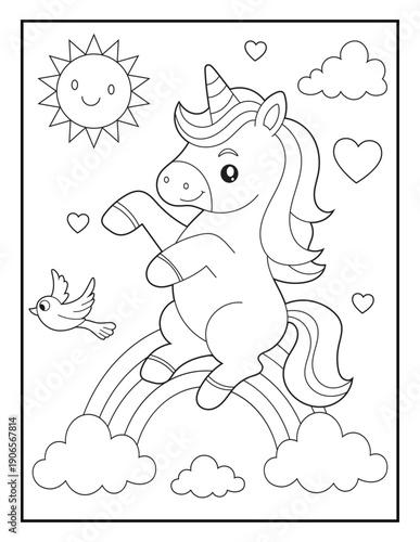 Smiling Unicorn on Rainbow Vector Line Art for Kids. Simple Isolated Black and White Outline for Children's Activity Books.

