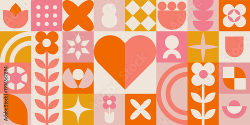 Modern geometric abstract banner with floral shapes and pastel colors. Flat vector illustration for spring promotions posters and social media.