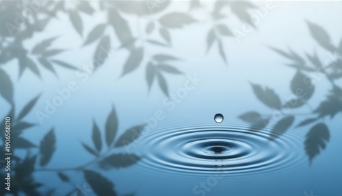 Bamboo Leaf Shadows on Calm Blue Water Surface with Ripple, Zen Nature Background with Falling Water Drop Splash, Serene Wellness and Meditation Aesthetic Concept Design