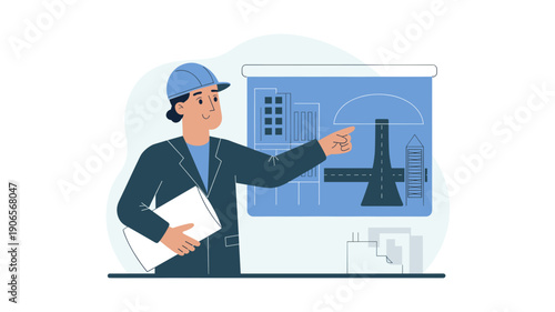 construction engineer presenting infrastructure plans on a digital screen with road and city elements, infrastructure construction management concept