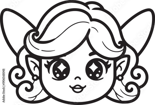 Cute elf face outline – Adorable fantasy elf cartoon line art vector illustration