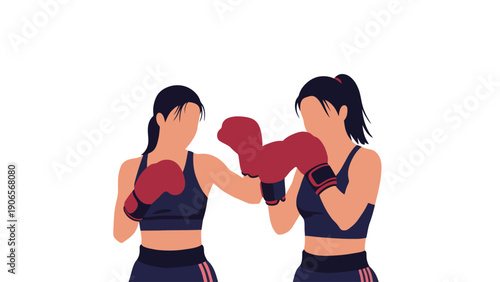 Boxing women in a fighting stance with red gloves and sportswear