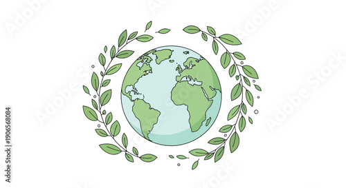 A conceptual green globe illustration of planet Earth featuring eco-friendly leaves and a tree, symbolizing global nature conservation and environmental recycling in a vector sphere icon