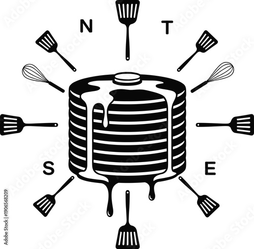 Black and white pancake stack illustration with dripping syrup and kitchen utensils arranged like a compass, creative breakfast food logo design for restaurants and cafes