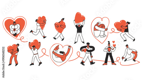 Heart illustration of people holding and carrying hearts in various poses