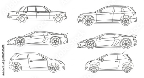 Collection of six different car sketches in black and white.
