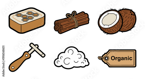 Assorted organic coconut products including bars chocolate nuts tied sticks and shavings displayed against a clean white background from a straightforward viewpoint
