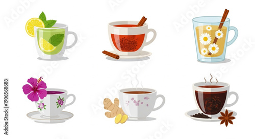 Collection of six different cups of hot beverages.