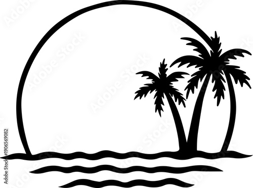 Silhouette of palm trees and ocean waves against a setting sun a tropical vacation concept vector illustration