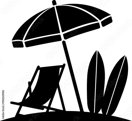 Beach scene with umbrella deck chair and surfboards simple black and white vector illustration for summer vacation and travel concepts