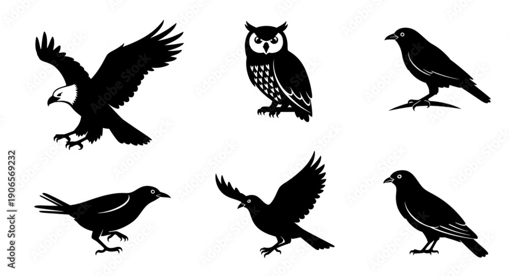 Obraz premium Collection of six different bird silhouettes in black and white.