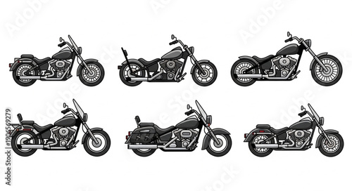 Collection of six detailed motorcycle illustrations in black and white.