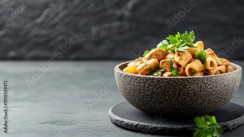 Stone podium featuring a hearty pasta dish with a rustic, solid presentation, evoking a natural and substantial feel.